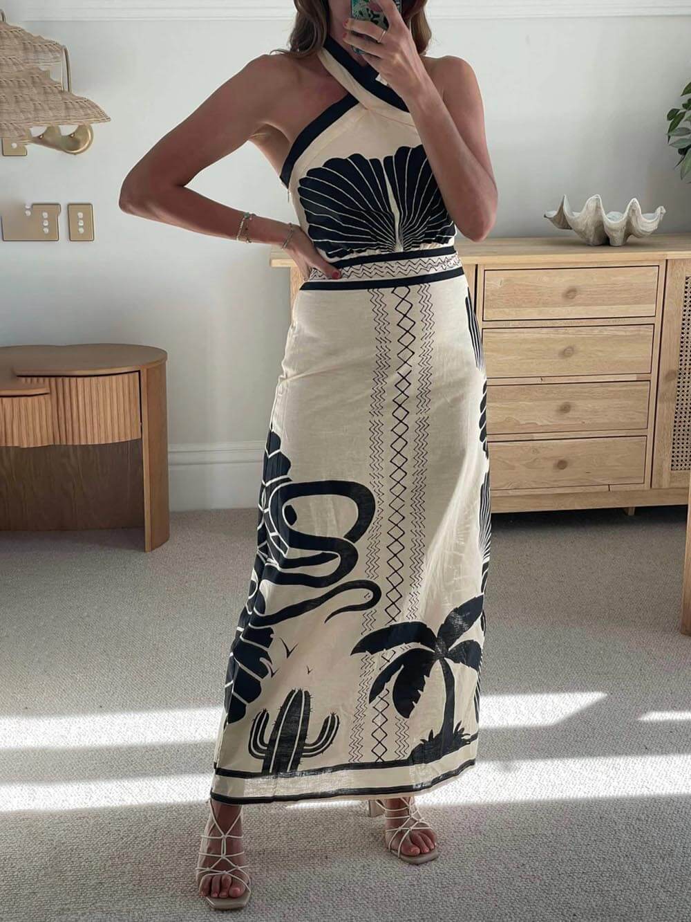 Beige Halter Neckline Tropical Print Maxi Dress