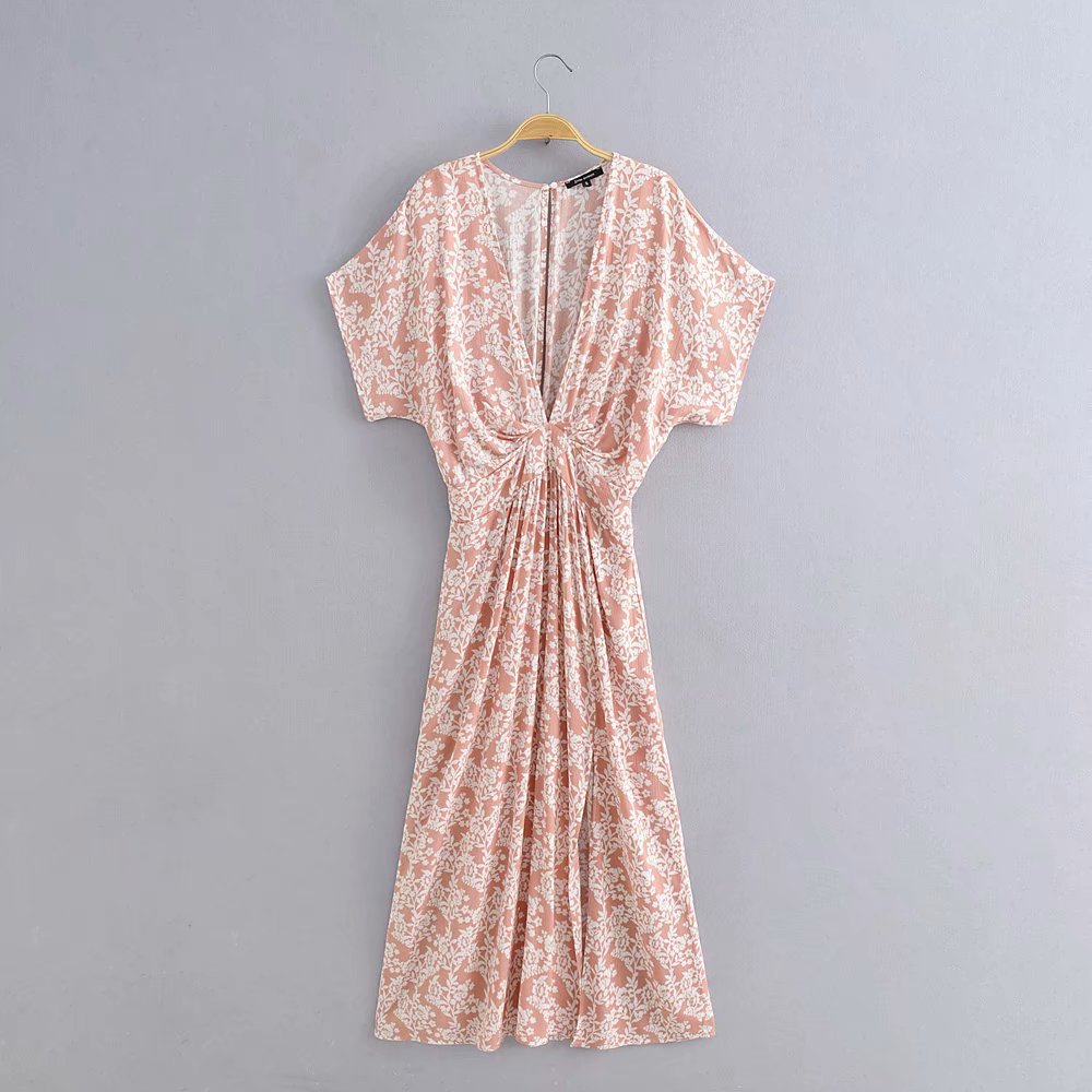 Pink V-Neck Half Sleeves Floral Print Cut Out Slit Maxi Dress