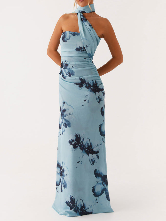 Blue Floral Print Halter Neck Flowy Silhouette Maxi Dress