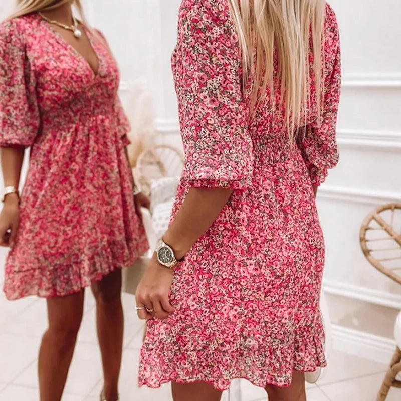 Elegant V-neck Long Sleeves Floral Mini Dress