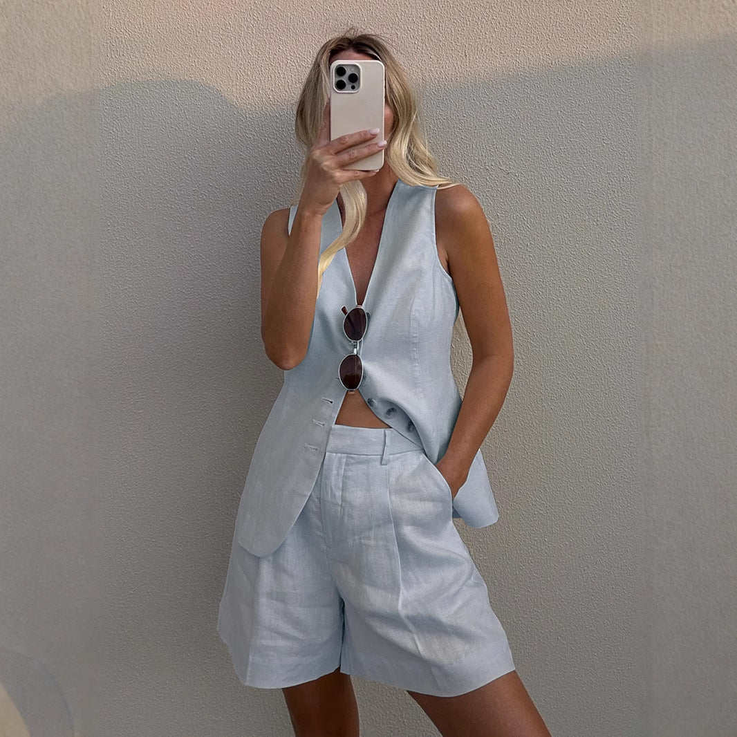 Linen Button Down Vest and Shorts Set