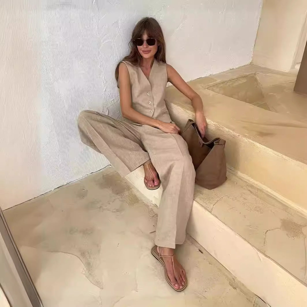 Classic Cotton Linen Buttons Down Tank Top Pants Suits