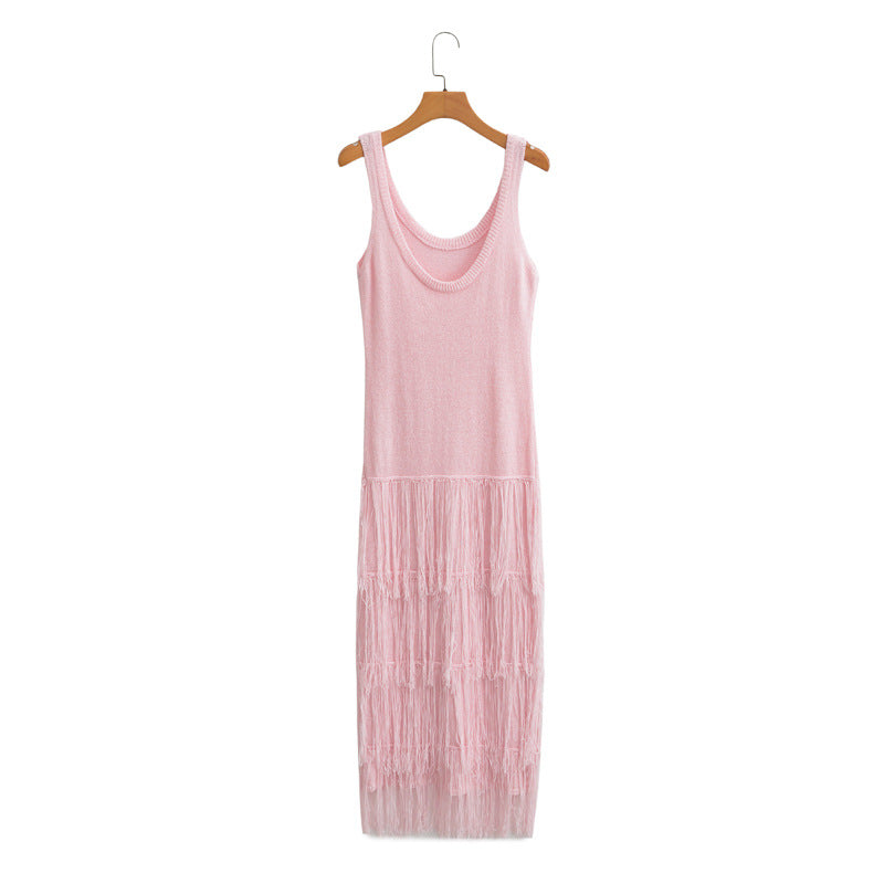 Round Neck Sleeveless Fringed Knitted Midi Dress