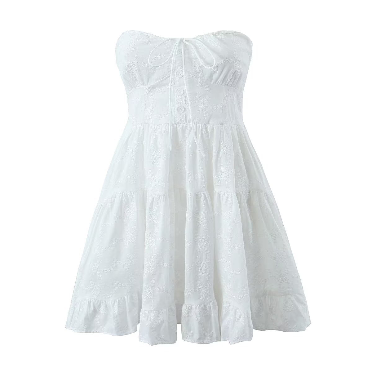 White Strapless Buttons Tiered Lace Mini Dress