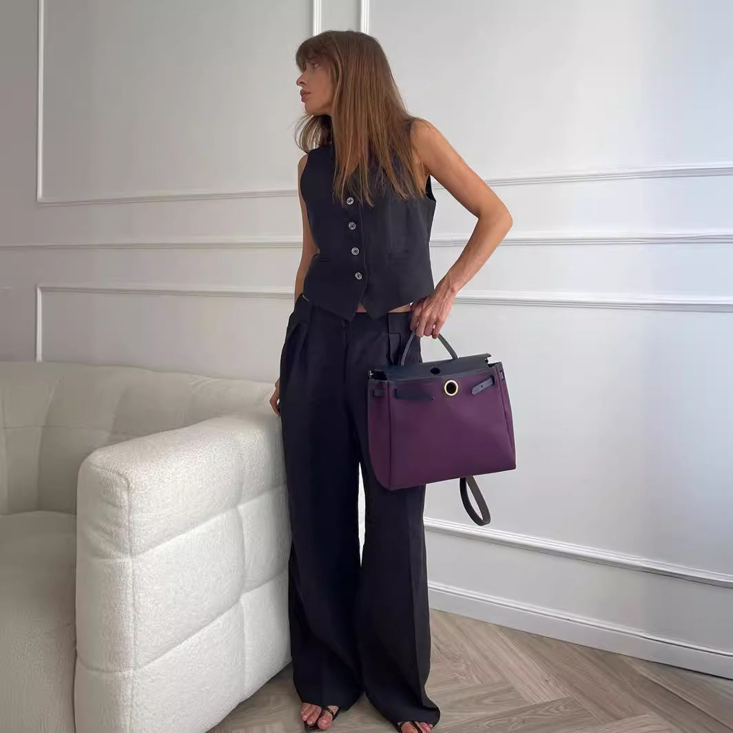 Classic Cotton Linen Buttons Down Tank Top Pants Suits