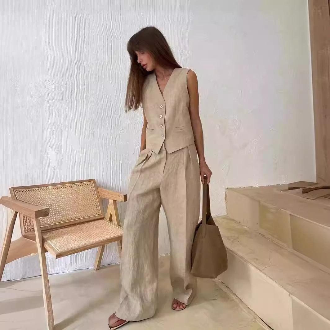 Classic Cotton Linen Buttons Down Tank Top Pants Suits