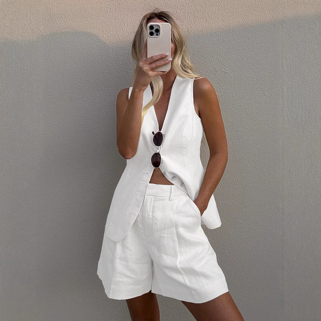 Linen Button Down Vest and Shorts Set