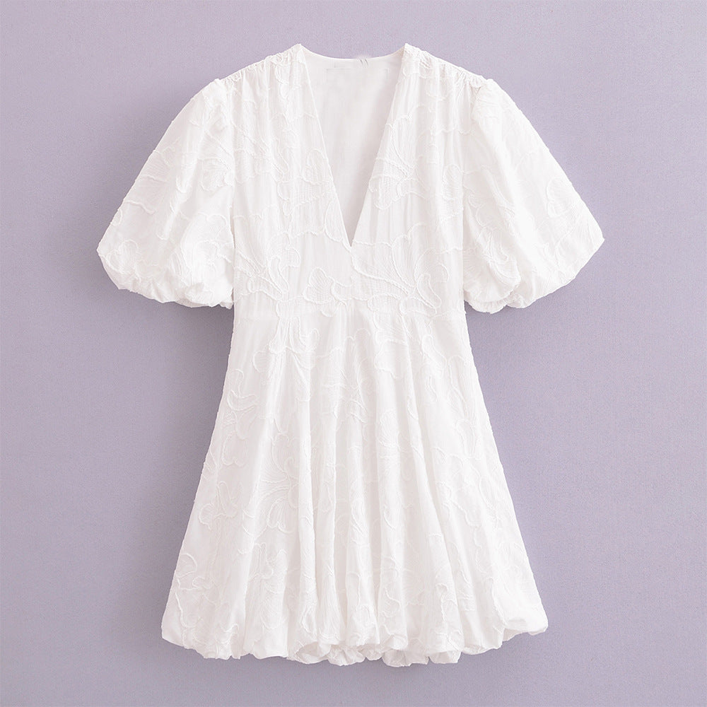 White Embroidered Puff Sleeves High Waist Party Holiday Mini Dress
