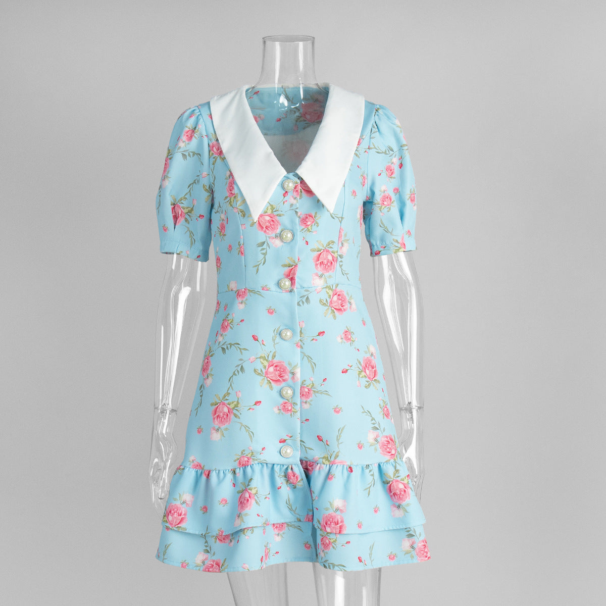 Sweet Floral Print Collar Button Down Mini Dress