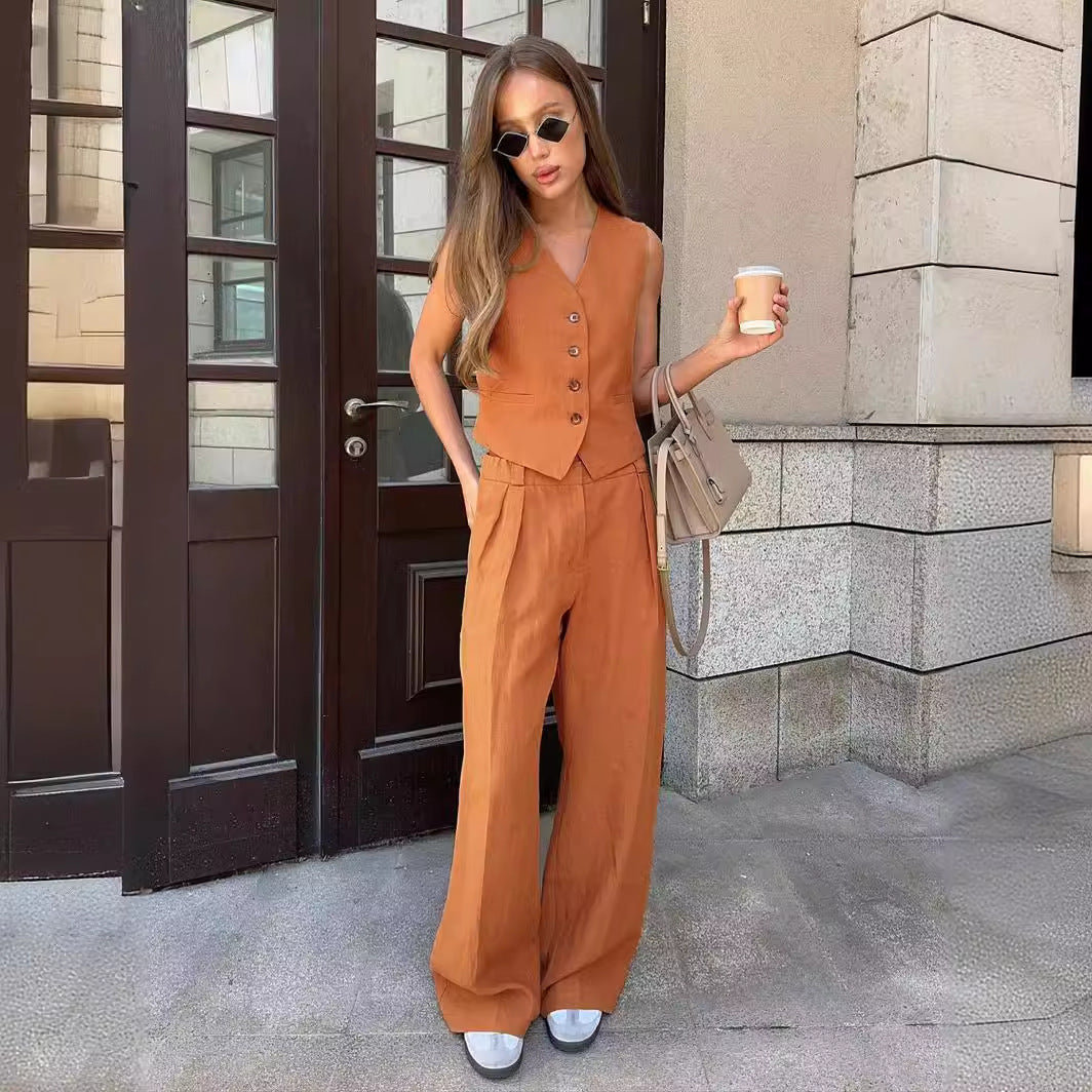 Classic Cotton Linen Buttons Down Tank Top Pants Suits