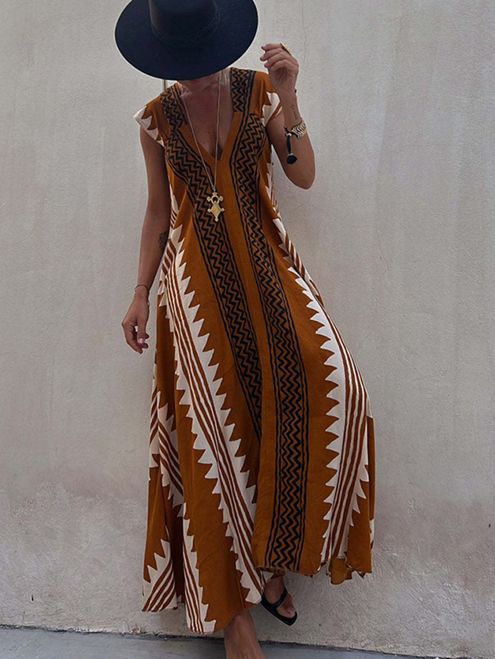 Bohemian V-neck Short Sleeves Geometric Casual Maxi Dress