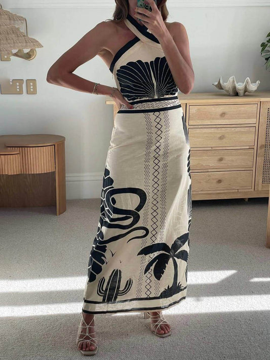 Beige Halter Neckline Tropical Print Maxi Dress
