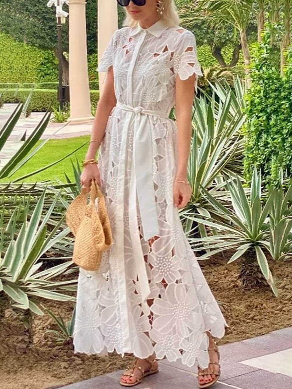 White Floral Cut-Out Belt Collar Detail Maxi Dress