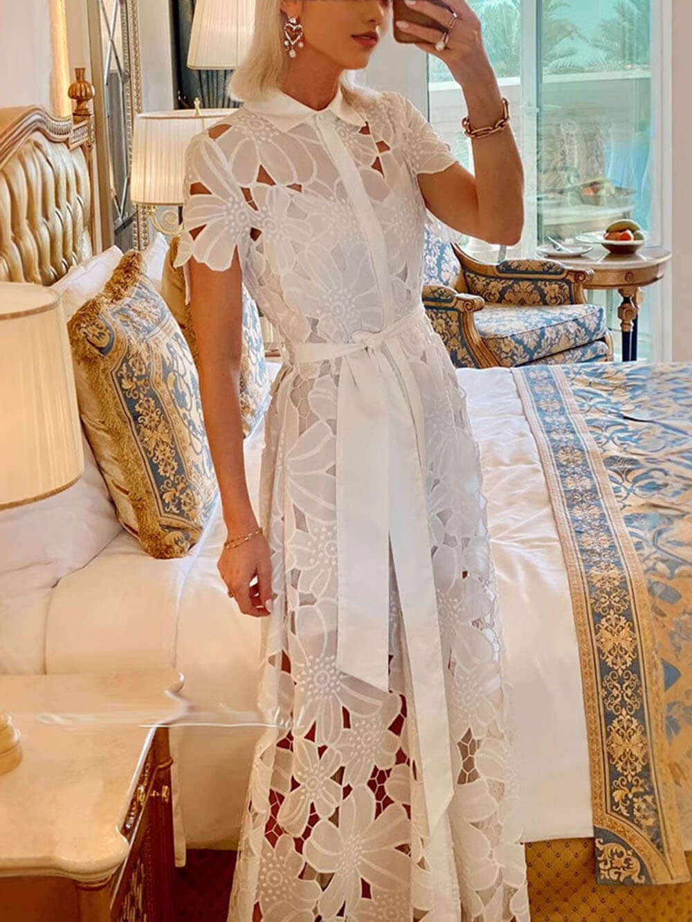 White Floral Cut-Out Belt Collar Detail Maxi Dress