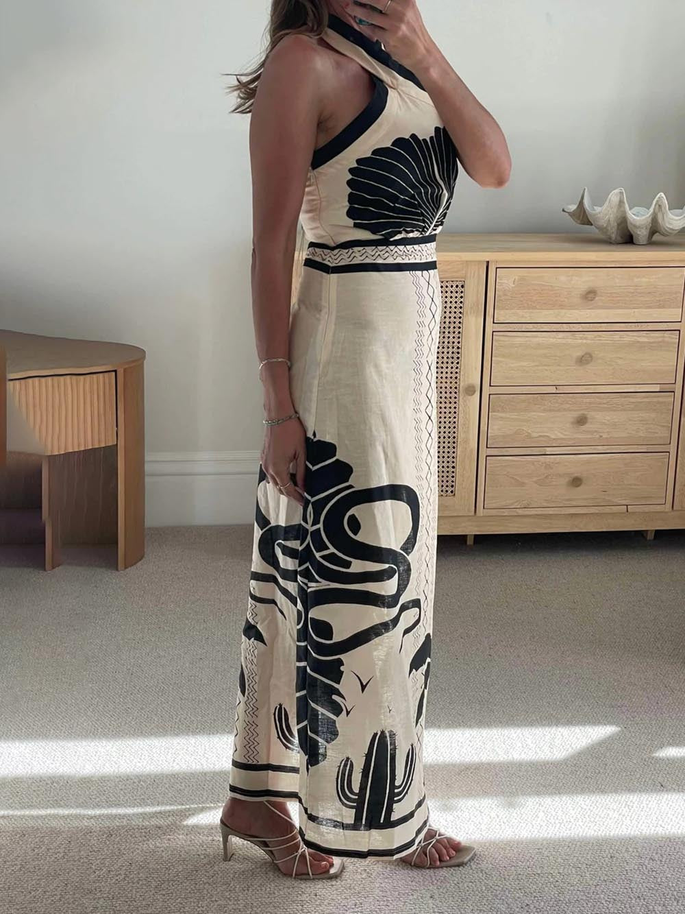 Beige Halter Neckline Tropical Print Maxi Dress