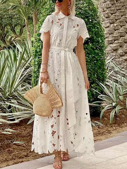 White Floral Cut-Out Belt Collar Detail Maxi Dress