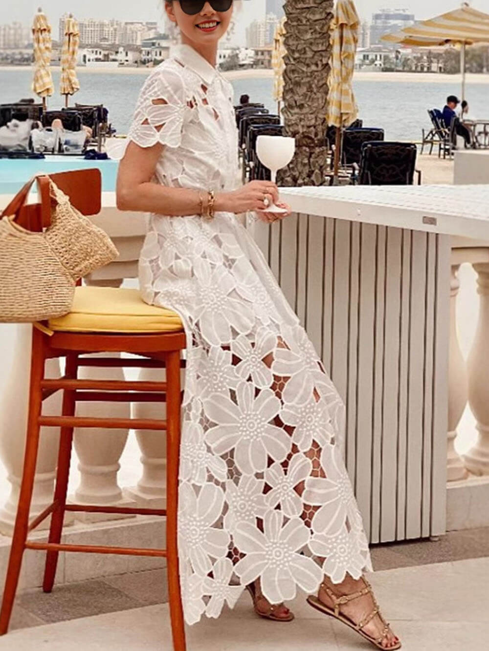 White Floral Cut-Out Belt Collar Detail Maxi Dress