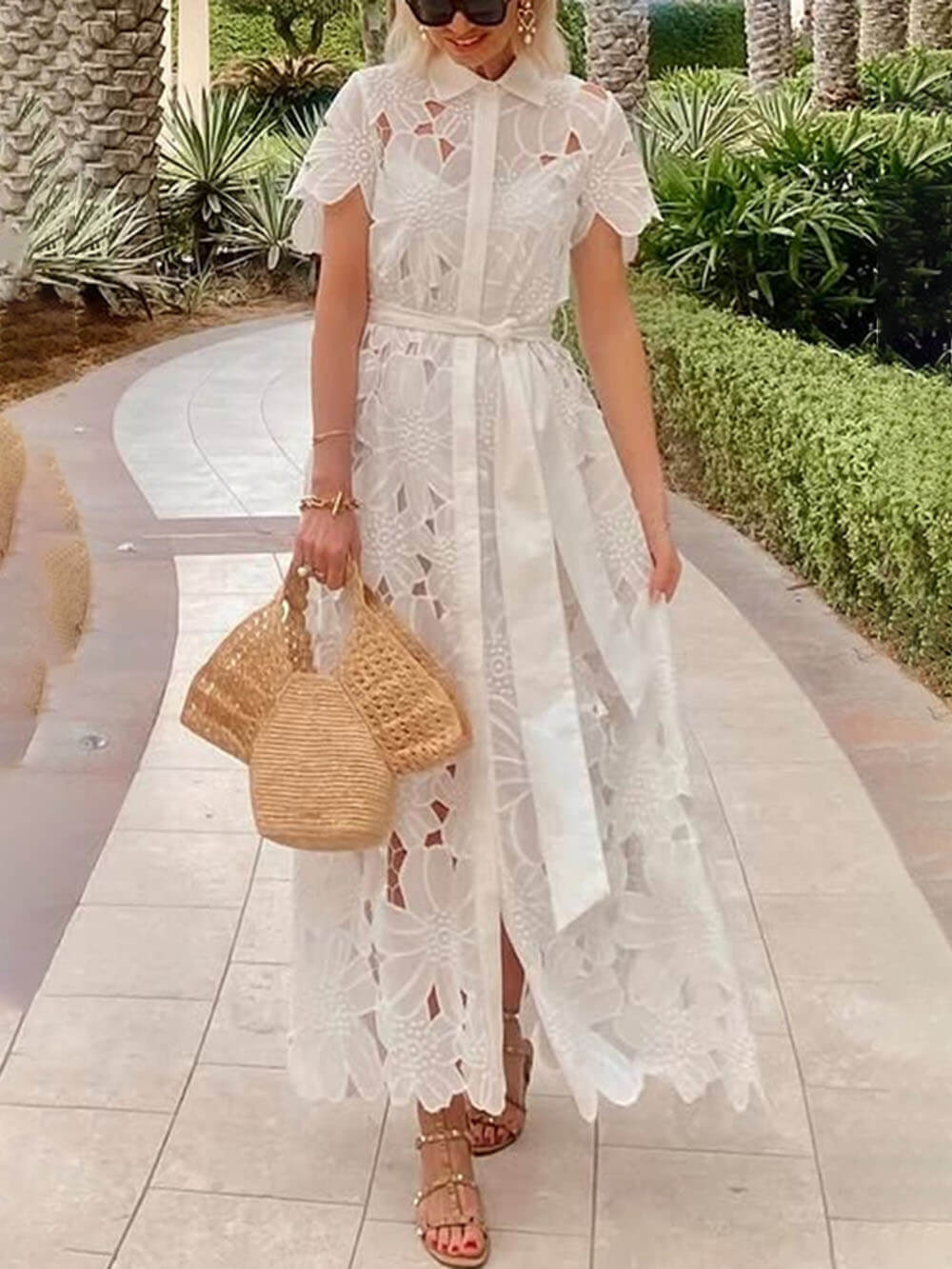 White Floral Cut-Out Belt Collar Detail Maxi Dress