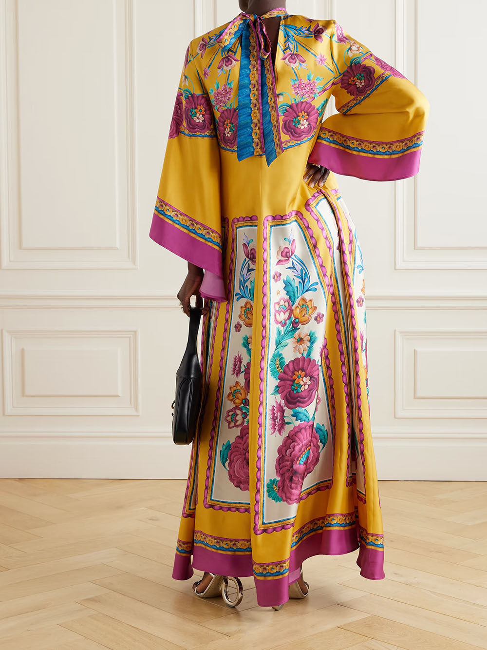 Vibrant Yellow Floral Print Purple Blue Accents Maxi Dress