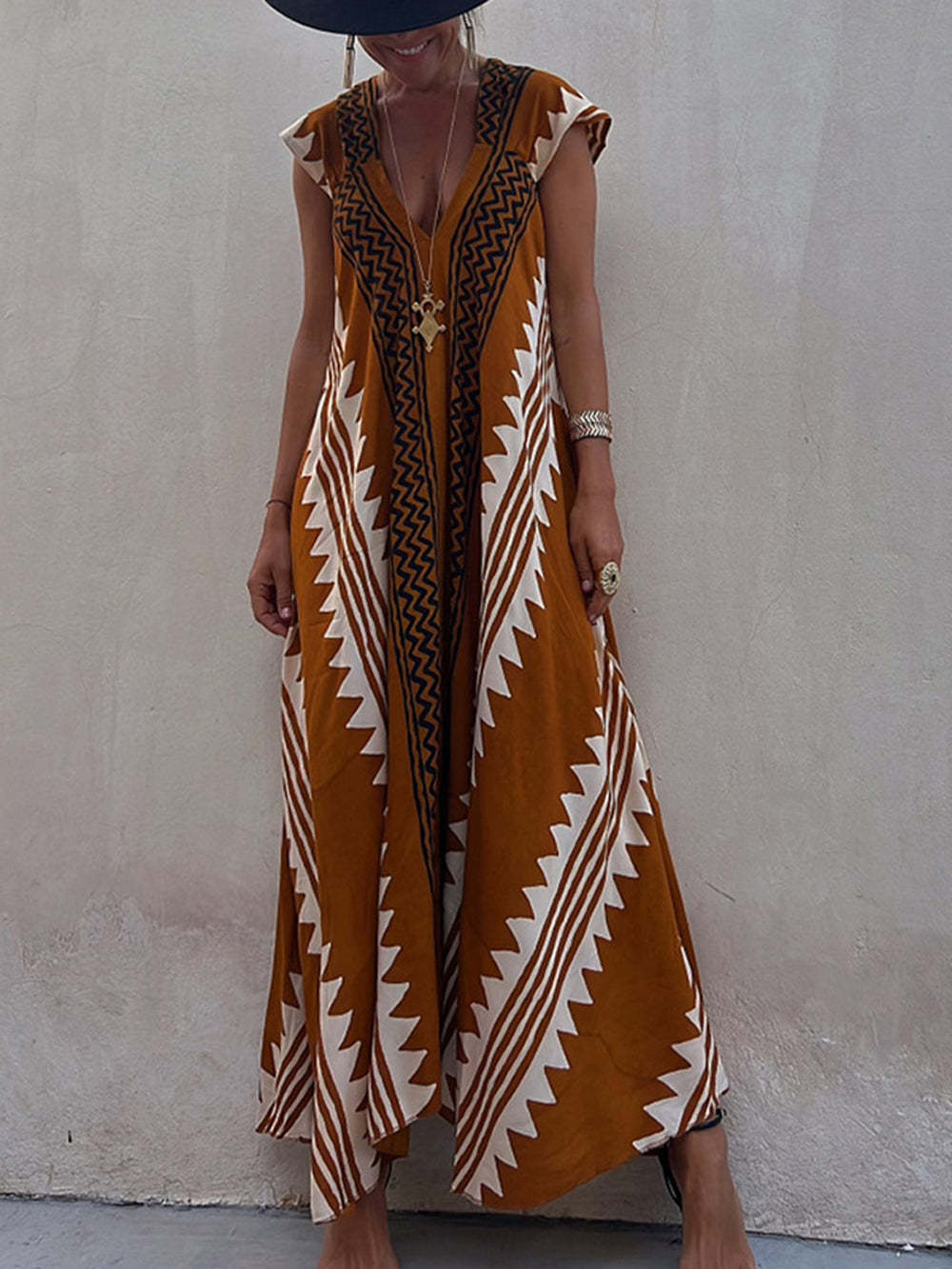 Bohemian V-neck Short Sleeves Geometric Casual Maxi Dress