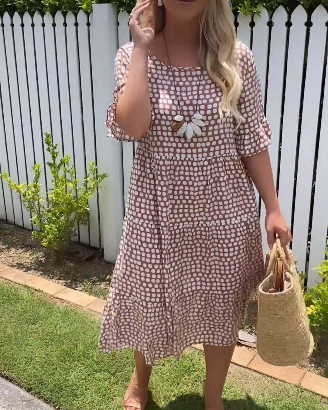 Elegant Tiered Round Neck Polka Dots Short-Sleeve Midi Dress
