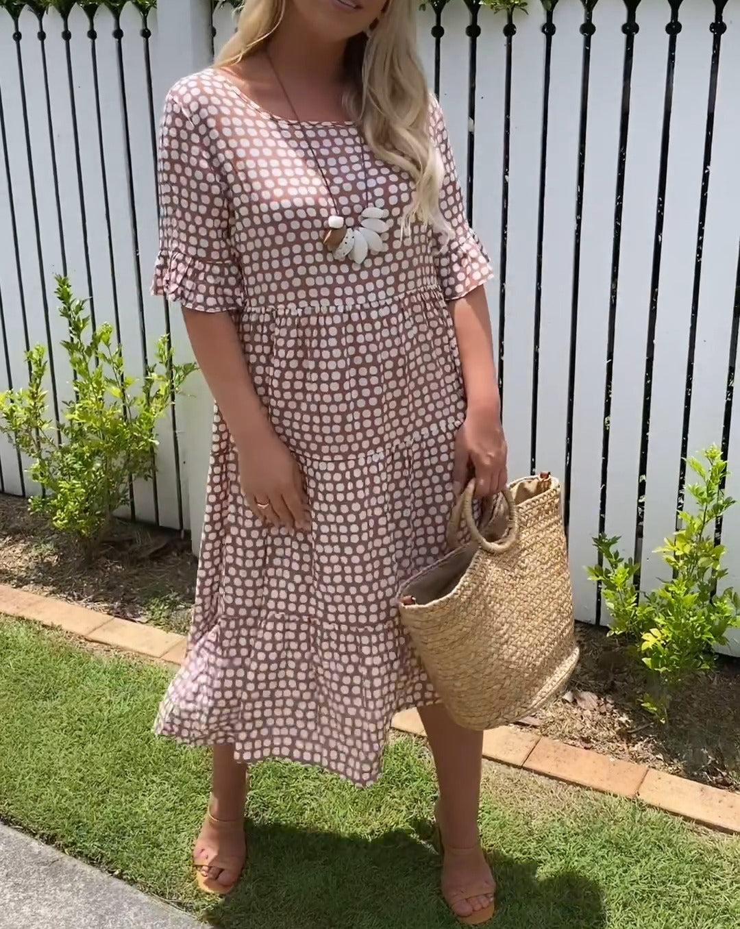 Elegant Tiered Round Neck Polka Dots Short-Sleeve Midi Dress