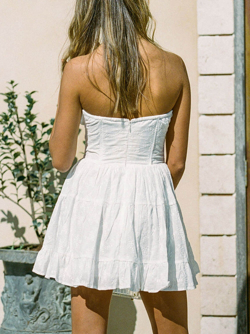 White Strapless Buttons Tiered Lace Mini Dress