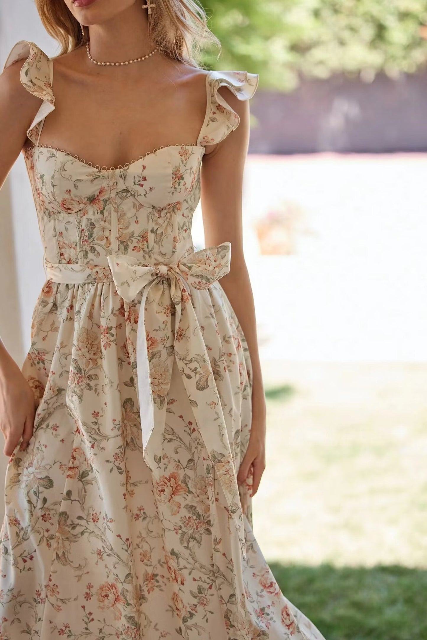 Floral Flutter Sleeves Bow Slit Front Midi Dress