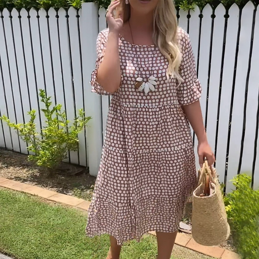 Elegant Tiered Round Neck Polka Dots Short-Sleeve Midi Dress