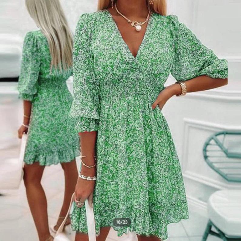 Elegant V-neck Long Sleeves Floral Mini Dress