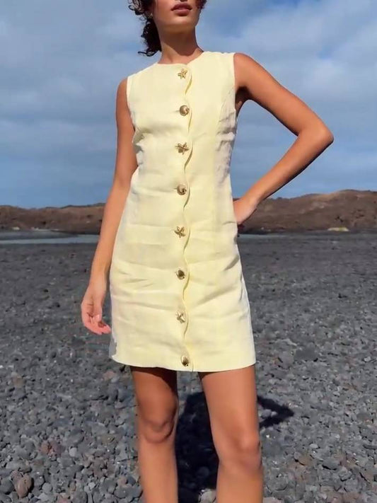 Chic Yellow Button-Front Sleeveless Mini Dress