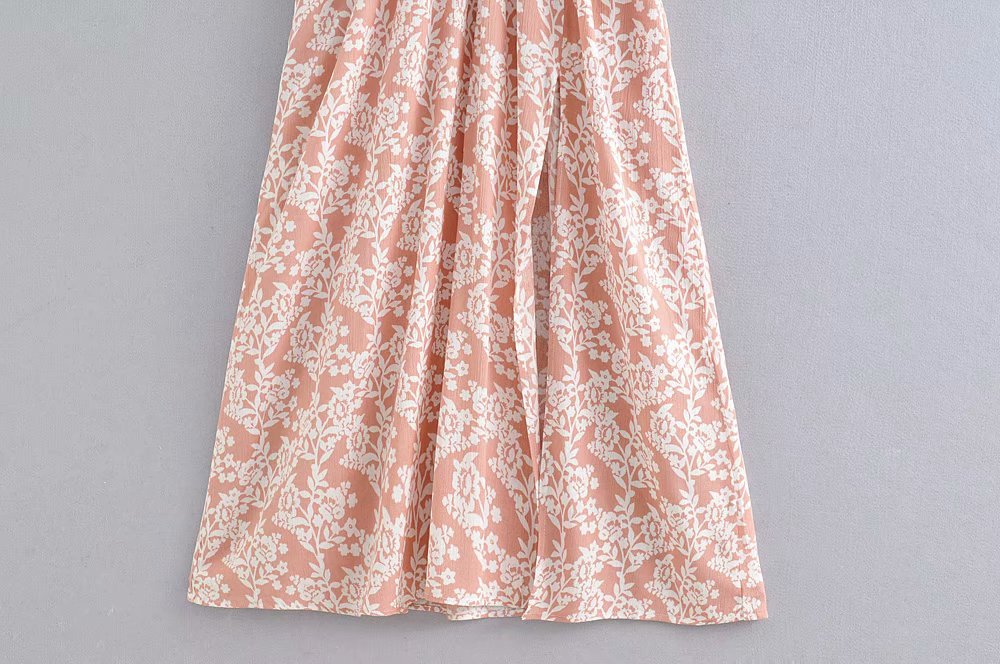 Pink V-Neck Half Sleeves Floral Print Cut Out Slit Maxi Dress