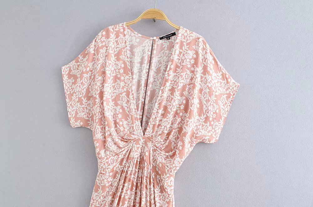 Pink V-Neck Half Sleeves Floral Print Cut Out Slit Maxi Dress
