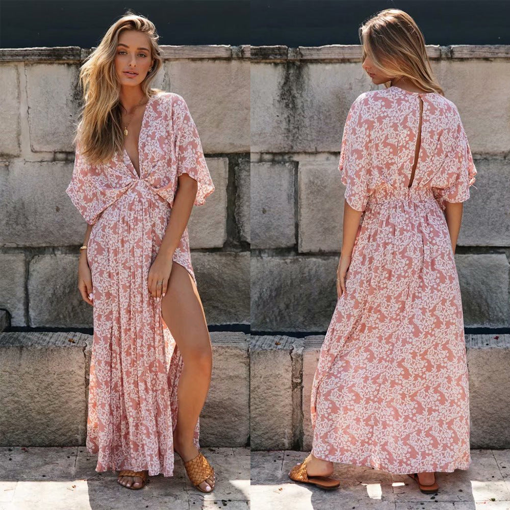 Pink V-Neck Half Sleeves Floral Print Cut Out Slit Maxi Dress