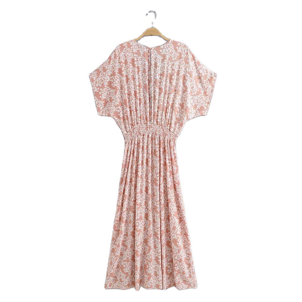 Pink V-Neck Half Sleeves Floral Print Cut Out Slit Maxi Dress