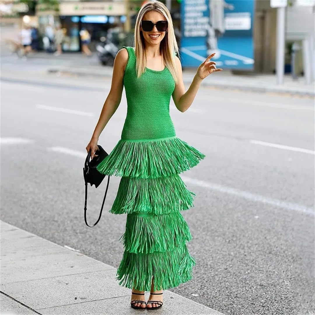Round Neck Sleeveless Fringed Knitted Midi Dress