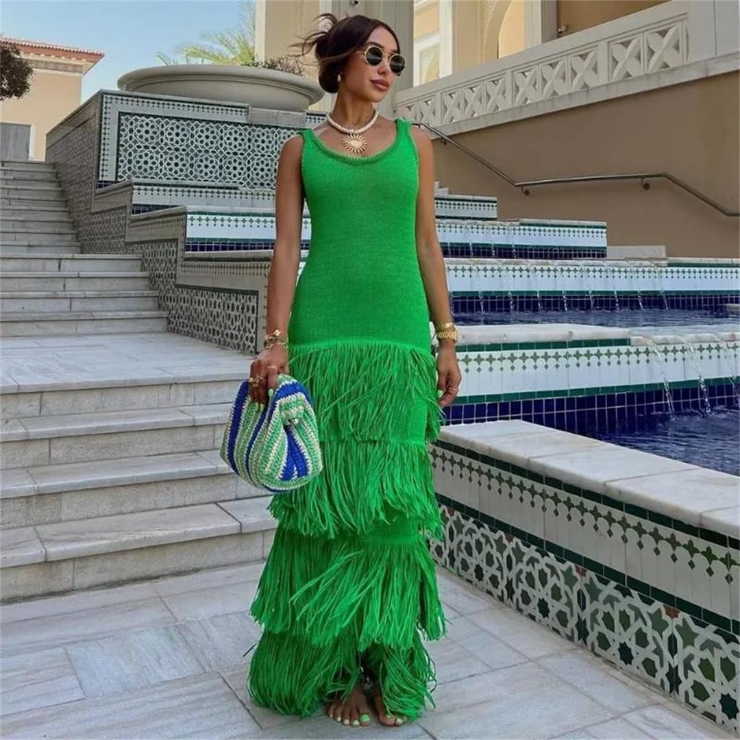 Round Neck Sleeveless Fringed Knitted Midi Dress