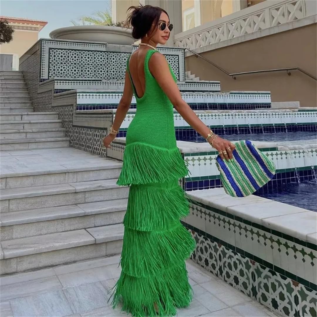 Round Neck Sleeveless Fringed Knitted Midi Dress