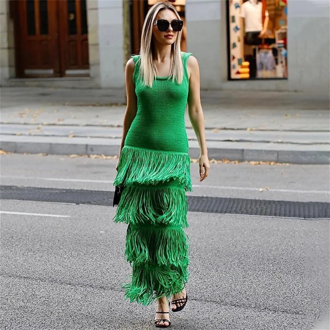 Round Neck Sleeveless Fringed Knitted Midi Dress