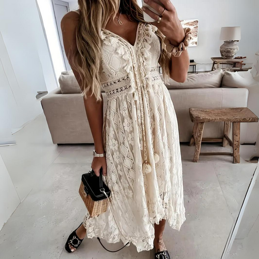 Elegant Boho  V-neck Tassel Midi Dress