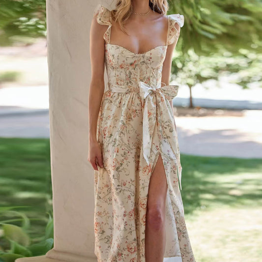 Floral Flutter Sleeves Bow Slit Front Midi Dress