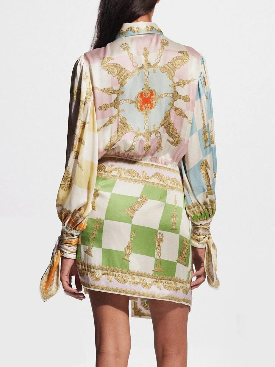 Vibrant Baroque Print Tie Waist Detail Shirt Mini Dress