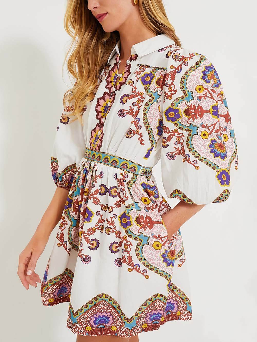 Boho Chic Floral Print Button-Up Puffed Sleeves Mini Dress