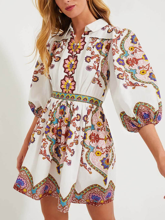 Boho Chic Floral Print Button-Up Puffed Sleeves Mini Dress