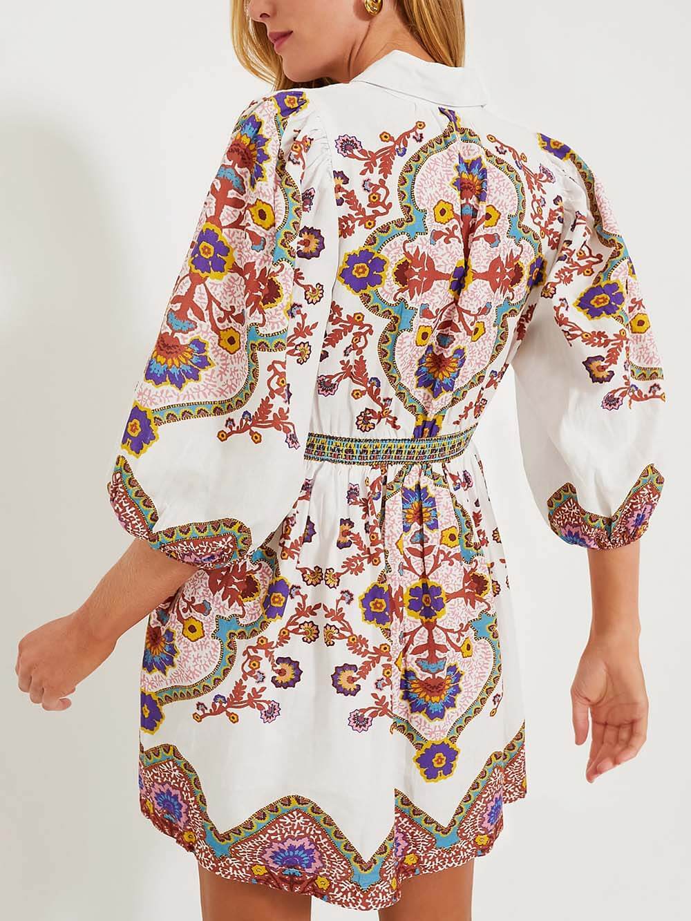 Boho Chic Floral Print Button-Up Puffed Sleeves Mini Dress