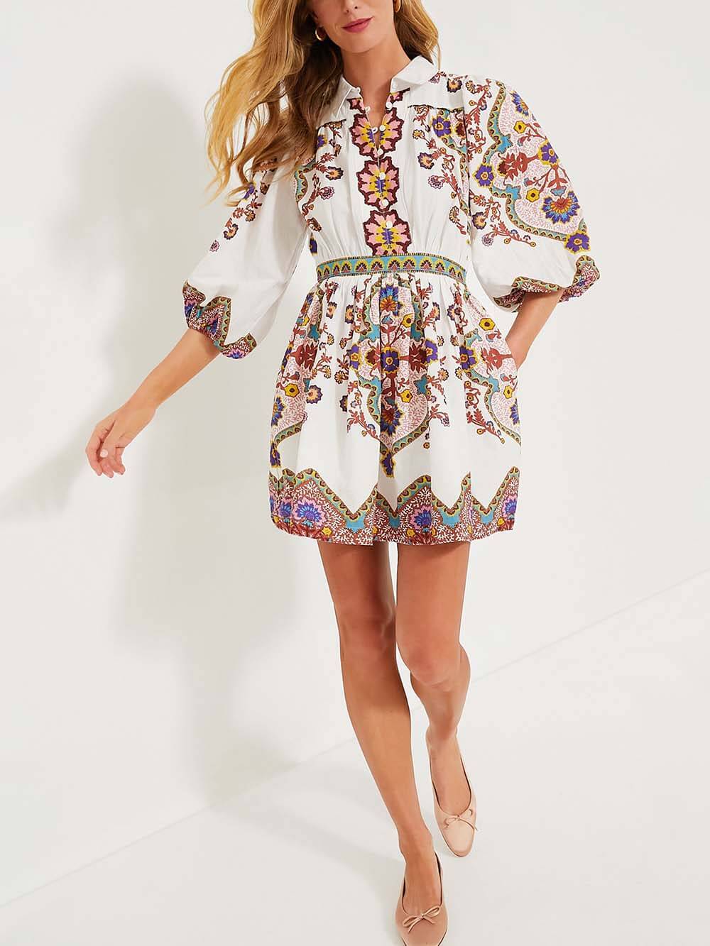 Boho Chic Floral Print Button-Up Puffed Sleeves Mini Dress