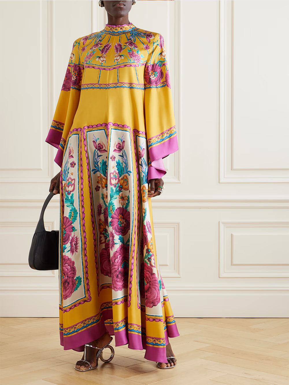 Vibrant Yellow Floral Print Purple Blue Accents Maxi Dress