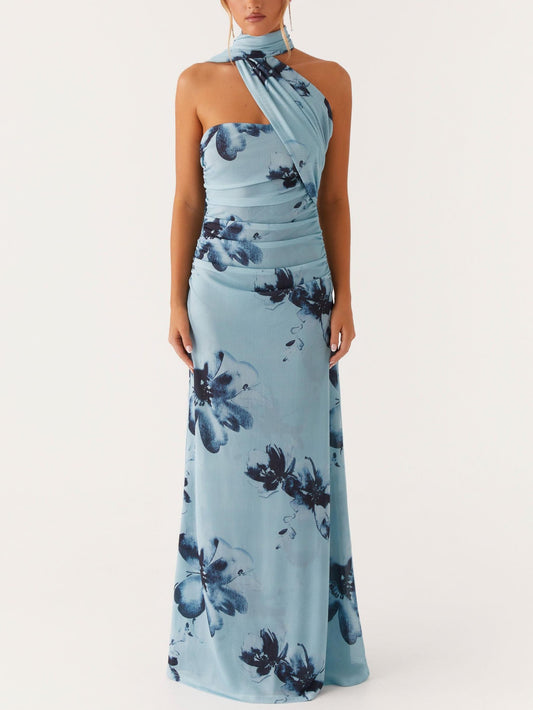 Blue Floral Print Halter Neck Flowy Silhouette Maxi Dress