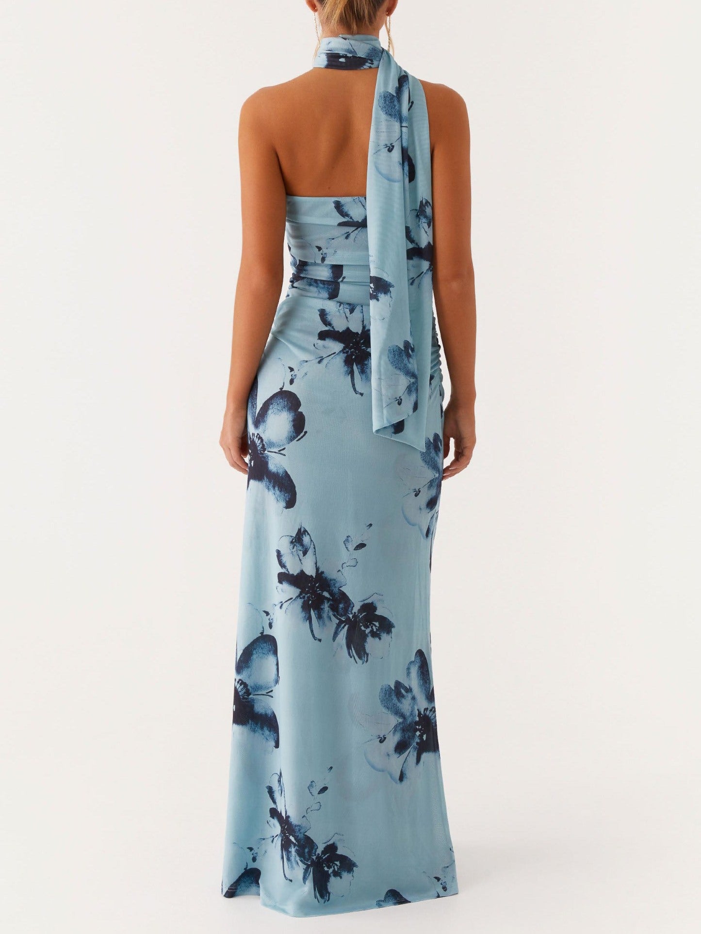 Blue Floral Print Halter Neck Flowy Silhouette Maxi Dress