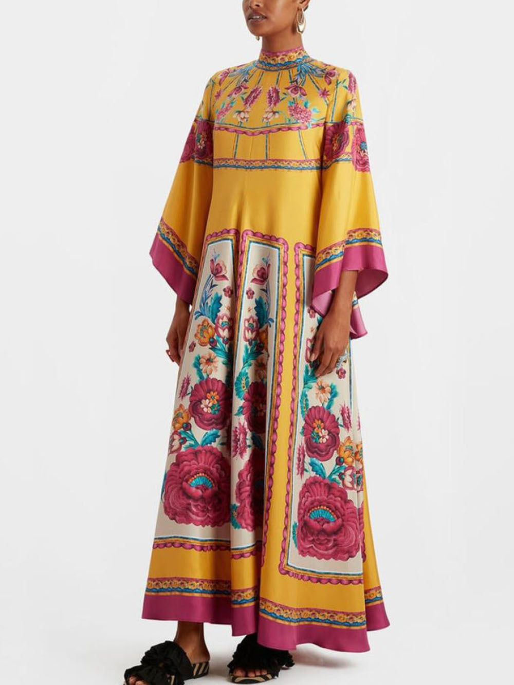Vibrant Yellow Floral Print Purple Blue Accents Maxi Dress